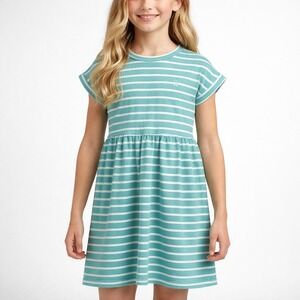 Vineyard Vines Girls' Every Day Jersey Dress M (10–12) Aqua/White NWT